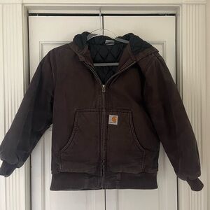 Carhartt Coat chocolate brown kid size 10/12 with hood and black quilt lined
